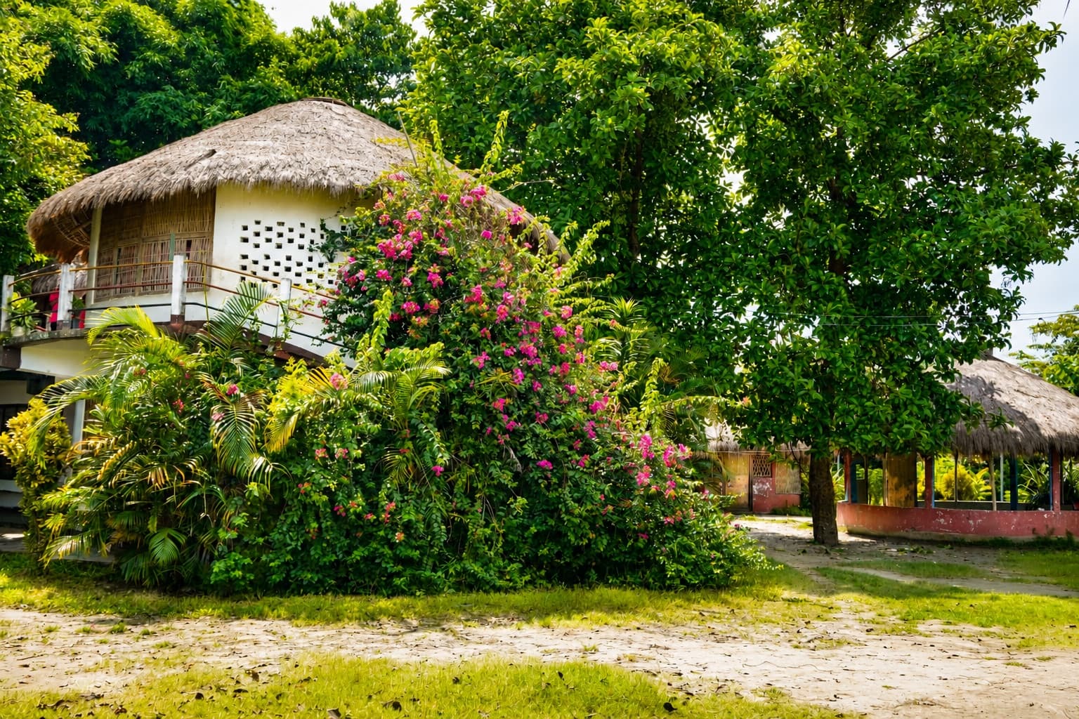 The Hummingbird School campus in Majuli, thatched buildings amid bougainvillea